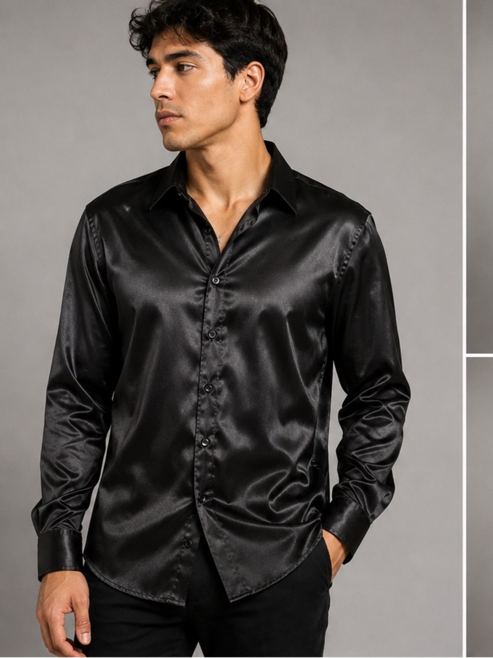 Montero Jeans Black Satin Button Front Dress Shirt Men’s Large Estimated